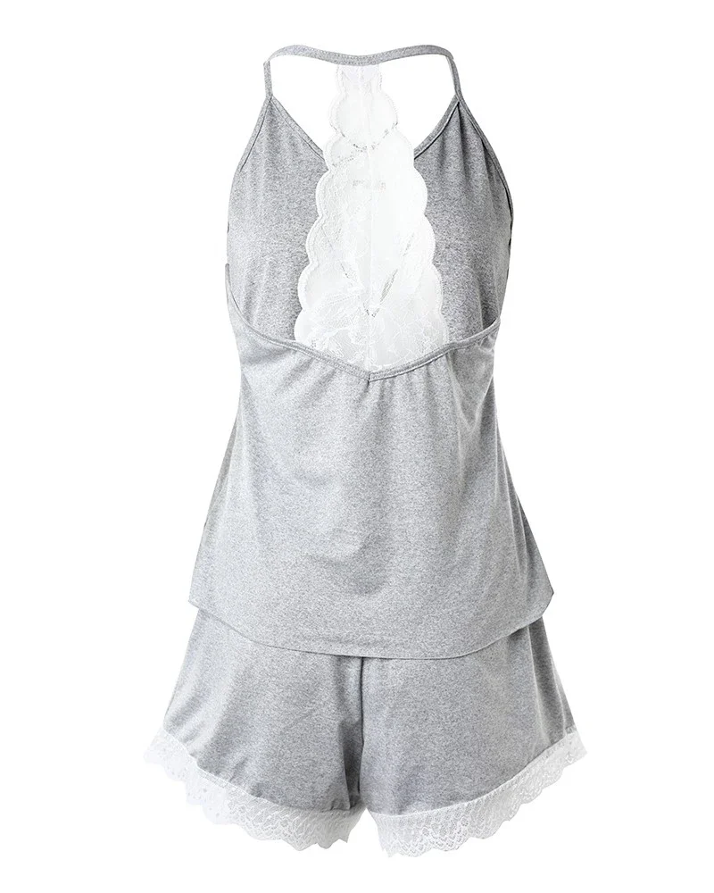 Pijamas de encaje de ganchillo para mujer, conjunto de 2 piezas sin mangas con cuello en V, ropa de dormir informal, traje Sexy sólido para el hogar, ropa de verano