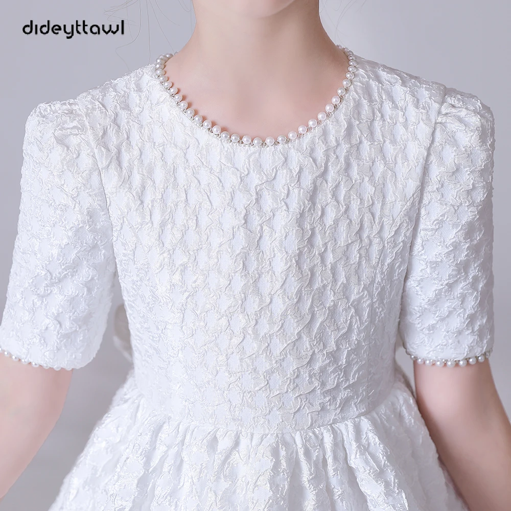Dideyttawl 맞춤형 화이트 퍼프 스커트, 우아한 플라워 걸 원피스, 웨딩 파티 반팔, 콘서트 주니어 신부 들러리 가운