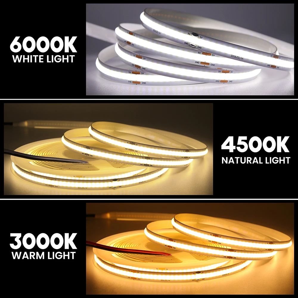 3 ミリメートル 5 ミリメートル 8 ミリメートル PCB COB LED ストリップライト 5V 12V 24V 320LEDs/m 高輝度柔軟なテープウォームナチュラルホワイトレッドグリーンブルー 0.5 メートル 5 メートル
