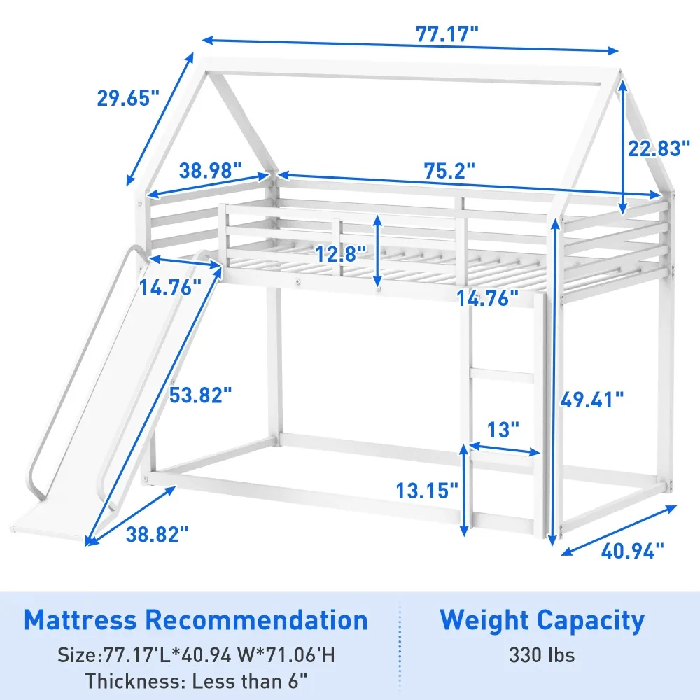 Twin Over Twin Metal Floor Bunk Bed with Slide, Metal Junior House Twins Size House Bunk Bed Frame with Ladder&Roof for Boy Girl