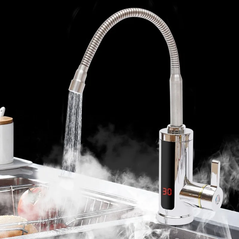 Grifos de cocina, grifo eléctrico, grifo de cocina, calentador de agua instantáneo, calentable, 3KW, baño, cocina, giratorio 360 °   LCD