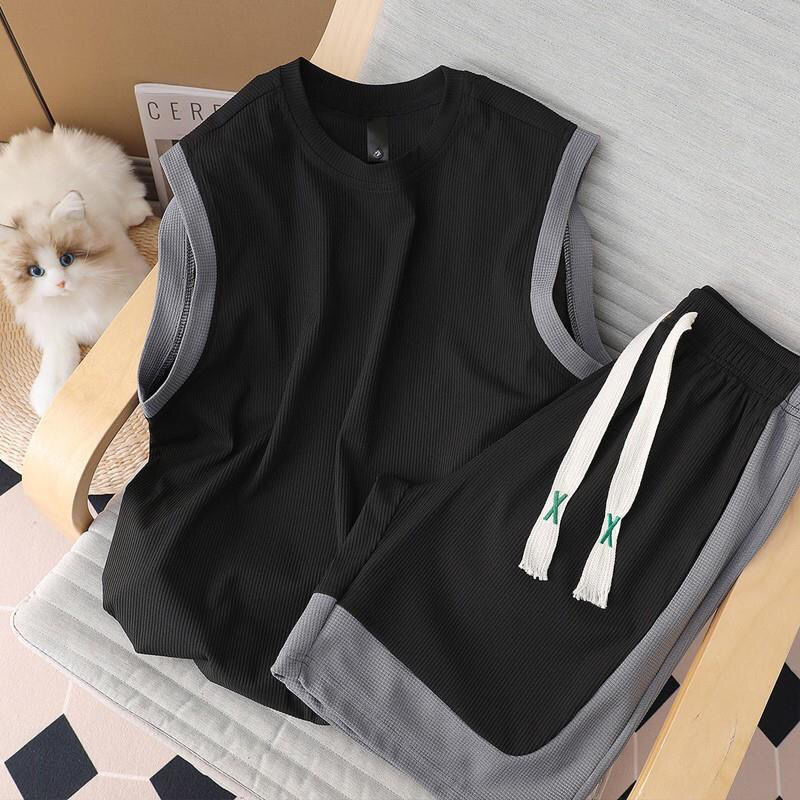Traje de 2 uds., chaleco sin mangas de verano, conjunto de pantalones cortos deportivos, ropa deportiva informal de retales para baloncesto, conjunto de pantalones cortos de entrenamiento sueltos transpirables