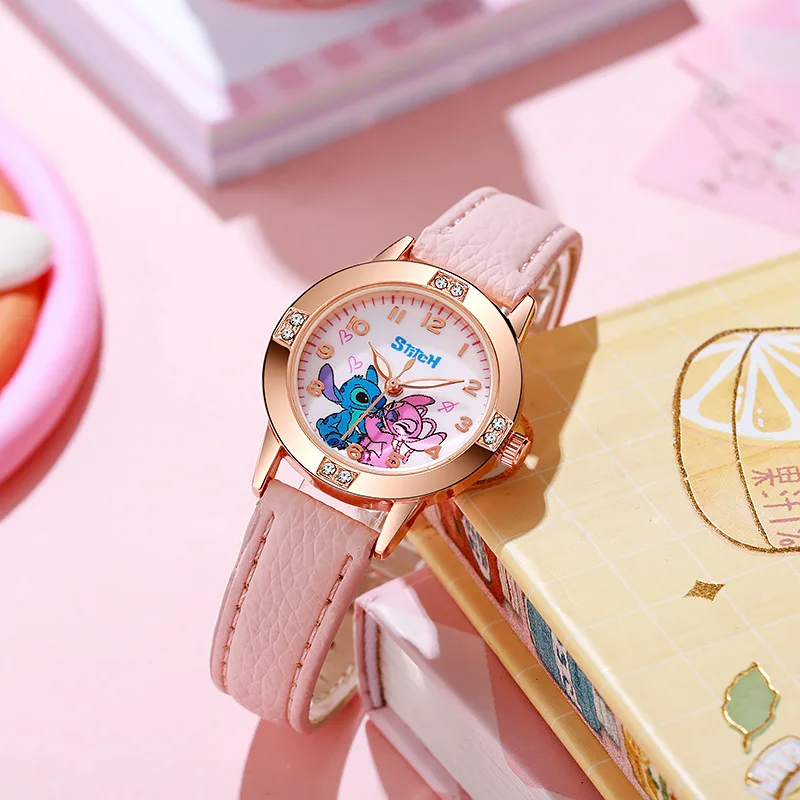 แฟชั่นการ์ตูนรูปแบบ Stitch นาฬิกาเด็กสายหนังนาฬิกาเด็ก Rhinestone Dial reloj stich ประณีตของขวัญ