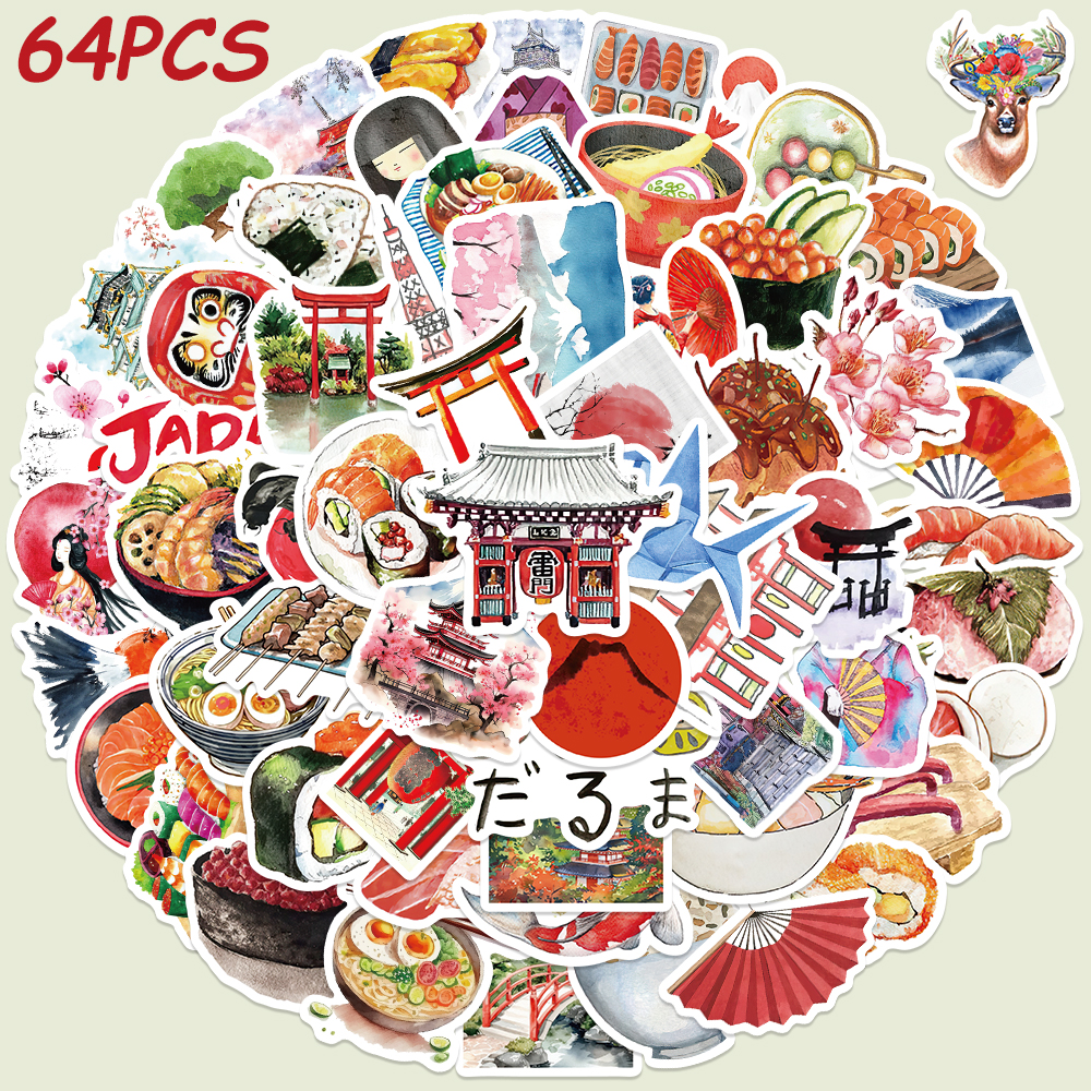 64 Uds pintura de acuarela pegatinas de viaje japonesas calcomanías de grafiti estéticas para ordenador portátil equipaje monopatín pegatinas para álbum de recortes