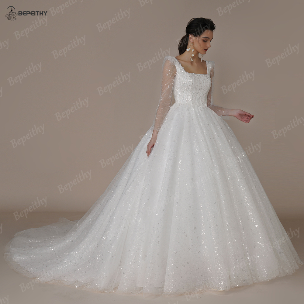 BEPEITHY – robe de mariée carrée brillante, personnalisée, manches longues, paillettes, dos ouvert, robe de bal moderne, 2023