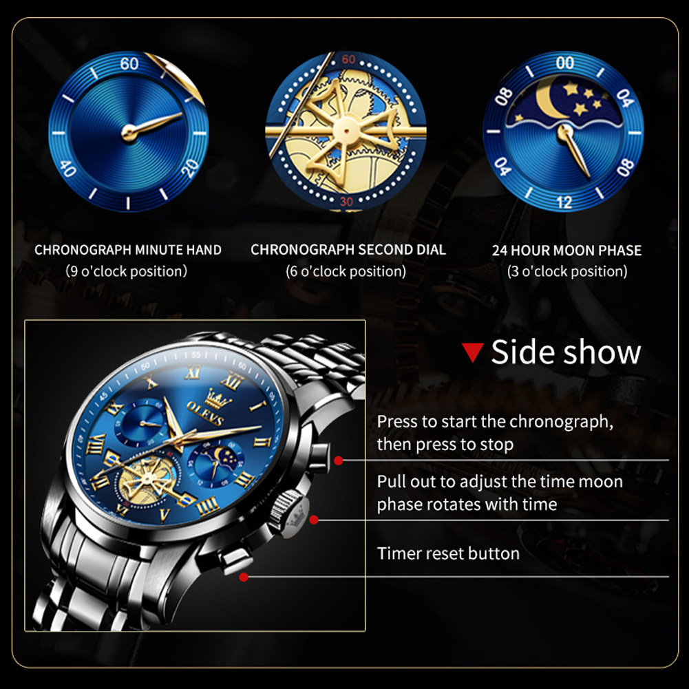 OLEVS 2859 Flywheel Design Man Watch 24 hour Moon Phase Chronograph Waterproof Luminous Multifunction Men's Quartz Wristwatches