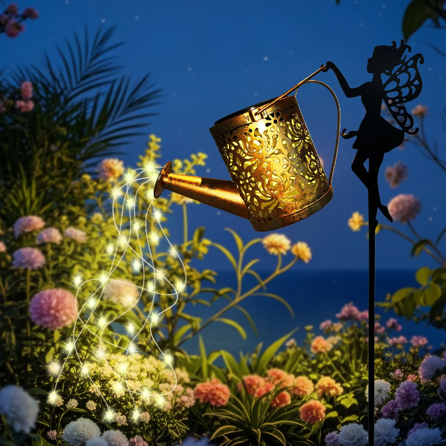 1 peça de luzes solares para regador, luzes de fadas para jardim em cascata ao ar livre, luz de projeção de chaleira solar