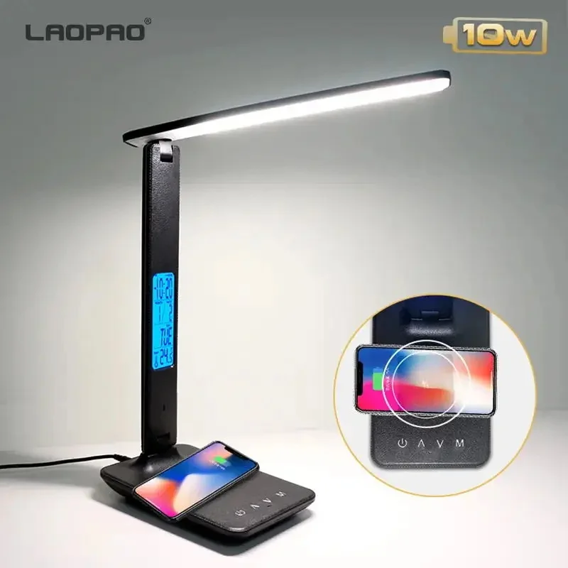 LAOPAO 10W Sạc Không Dây Chuẩn QI Đèn LED Để Bàn Có Lịch Nhiệt Độ Đồng Hồ Báo Thức Mắt Bảo Vệ Học Kinh Doanh Đèn Bàn đèn