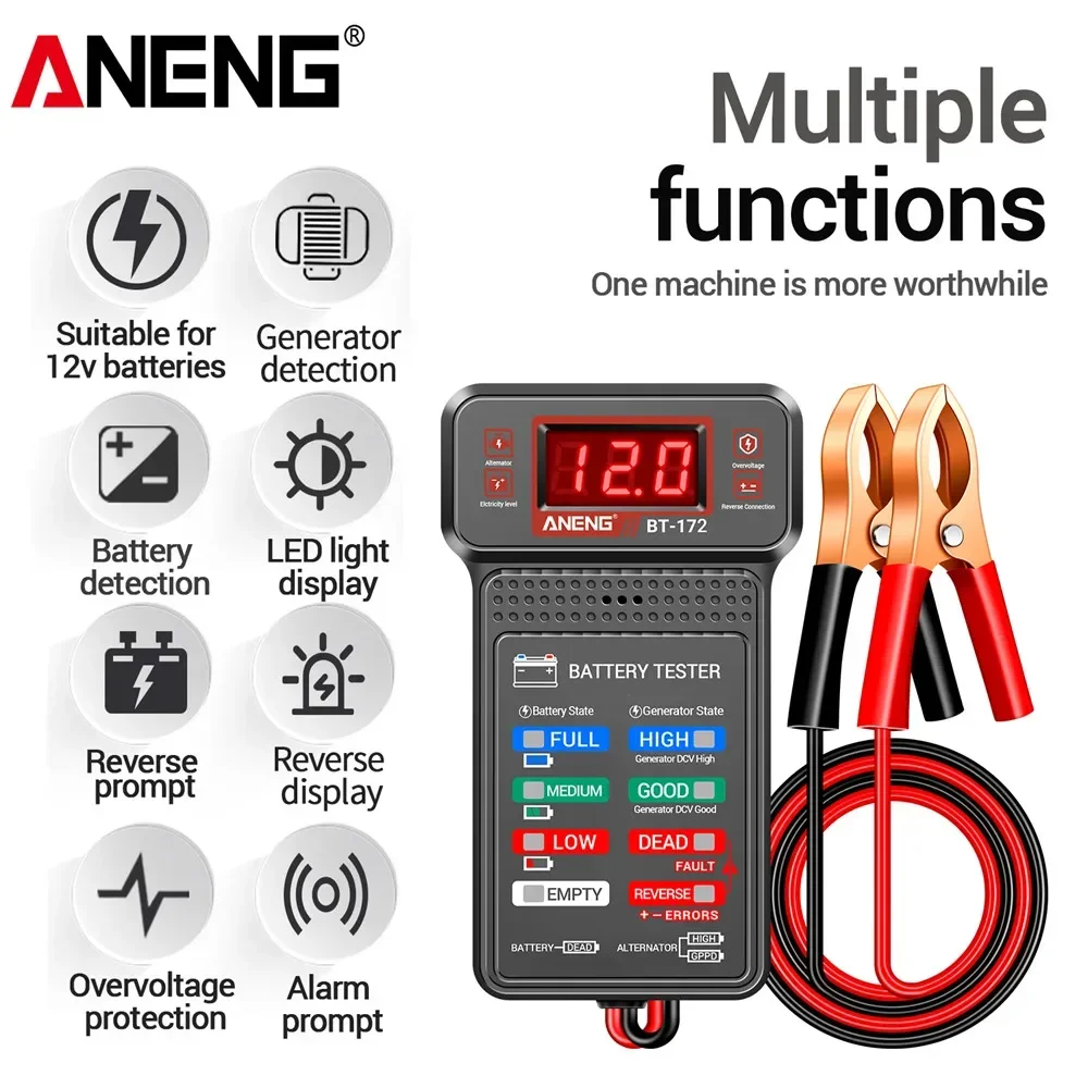 รถแบตเตอรี่เครื่องทดสอบโหลด ANENG BT-172 เครื่องวัดแรงดันไฟฟ้าดิจิตอลจอแสดงผลรถแบตเตอรี่ AMP Meter พร้อมคลิปจระเข้เครื่องมือ