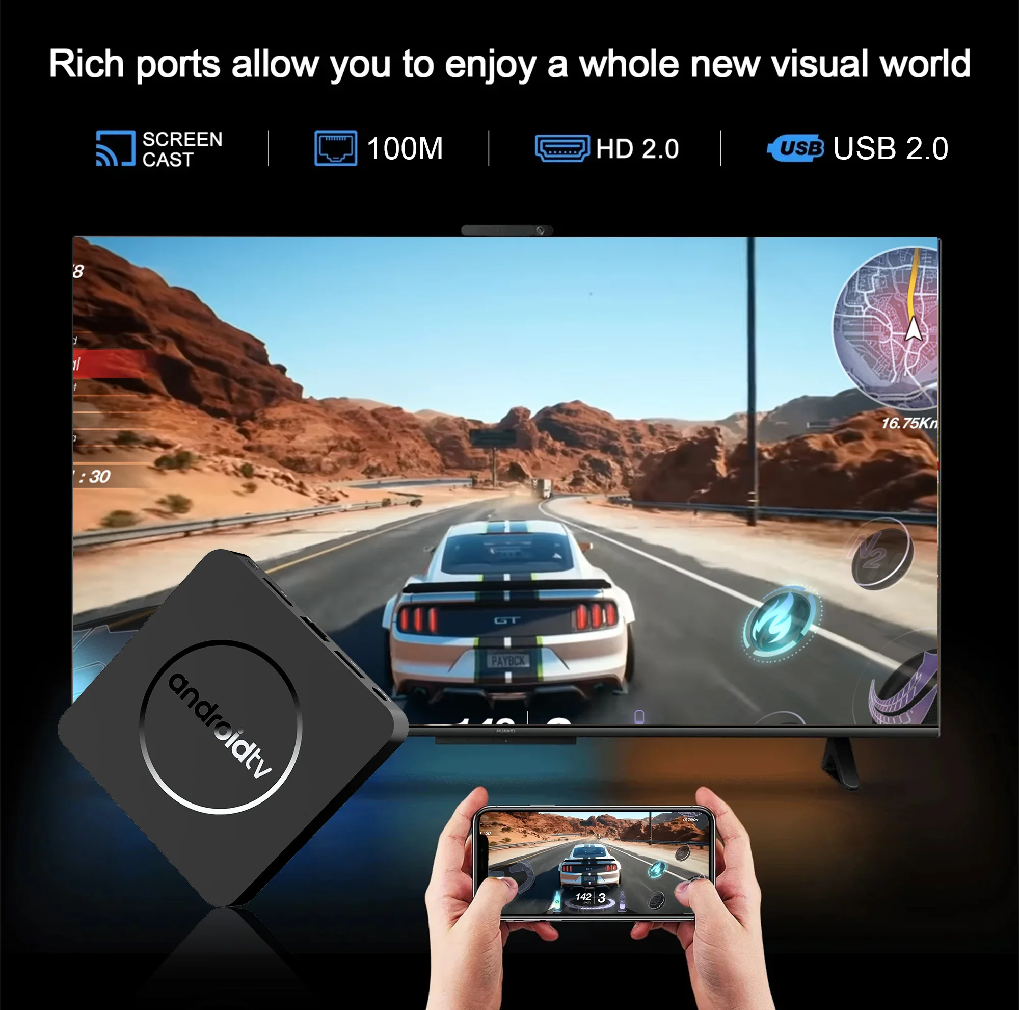 Mortal Global Versão Android 14 4K HDR Smart TV Box 2GB/16GB 5G Dual Wifi BT5.2 Assistente de Voz H313 Media Player Q1 ATV TV Box