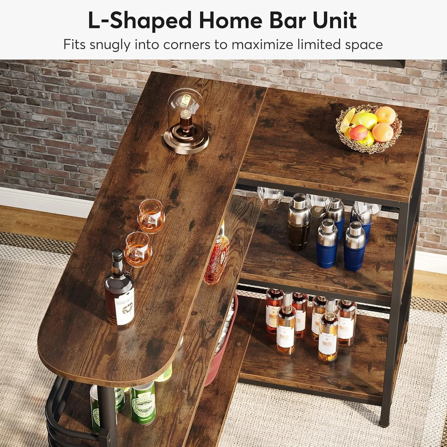 L-Shaped Home Bar Unit, 3 Tier Liquor Bar Table with Storage Shelves and Wine Glasses Holder for Home Kitchen Pub, Rustic Brown