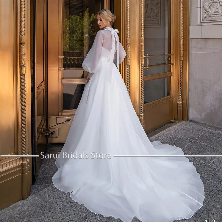 Abito da sposa personalizzato con collo alto trasparente a maniche lunghe in organza di vendita calda con abito con fiocco per abiti da sposa blancos de mujer
