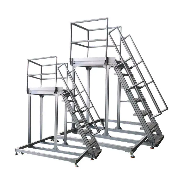 Plataforma móvil de aluminio Pasos Escalera Pasamanos Ruedas de cuatro ruedas Personalizable Almacén Seguridad Rodante Plataforma móvil OEM