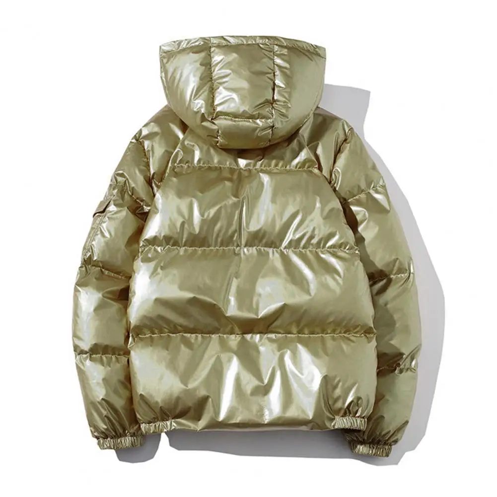 Winter-Parkas für Herren, Baumwollmantel mit Kapuze, langärmelig, hochglänzende Oberfläche, gesteppte Jacke mit Taschen, lockere Passform, verdickt, warm, kurz
