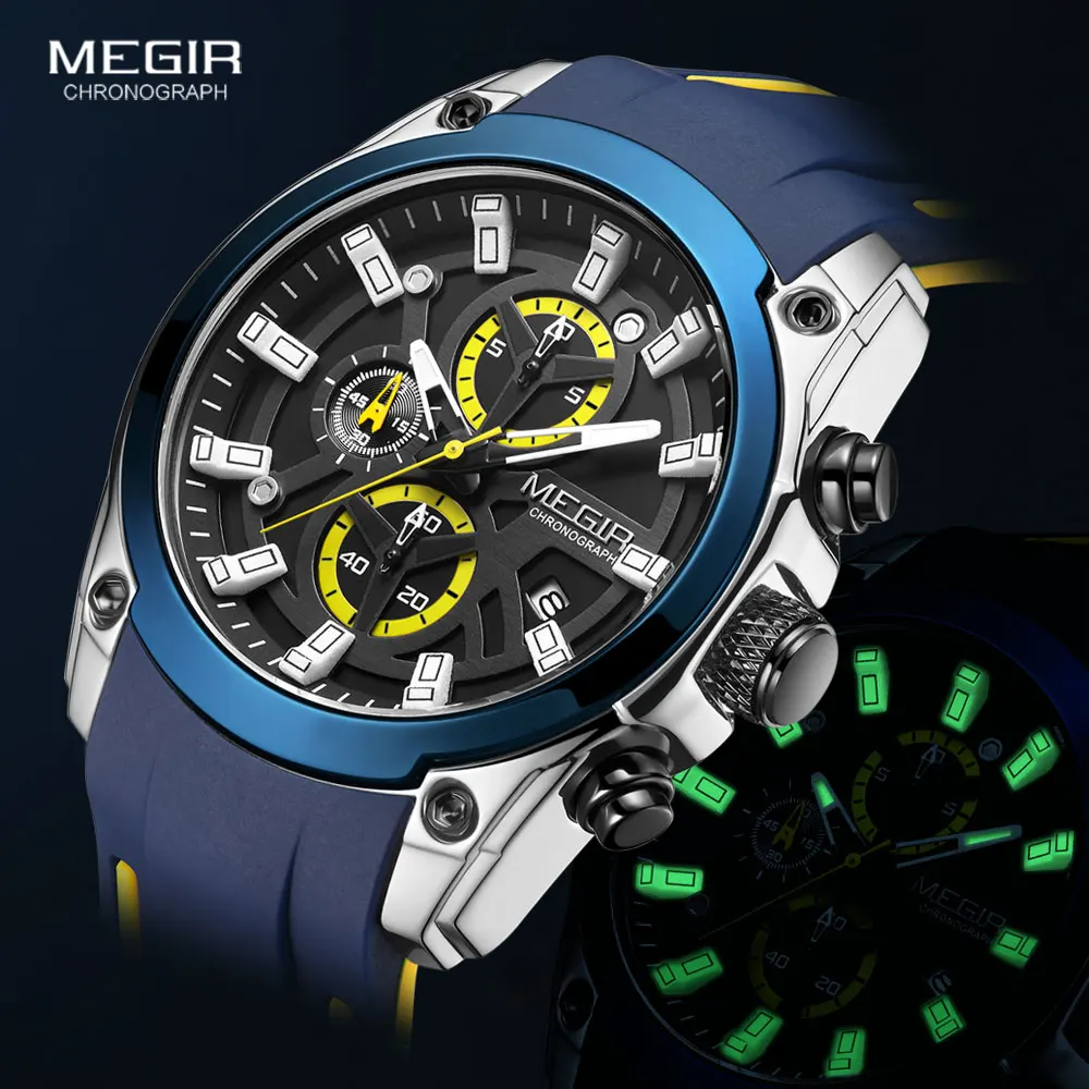 MEGIR นาฬิกาข้อมือผู้ชาย, นาฬิกาทหาร Jam Tangan Sport กันน้ำผู้ชายสายซิลิโคนแฟชั่นบลูหรูหราแบรนด์ชั้นนำนาฬิกาเรืองแสง