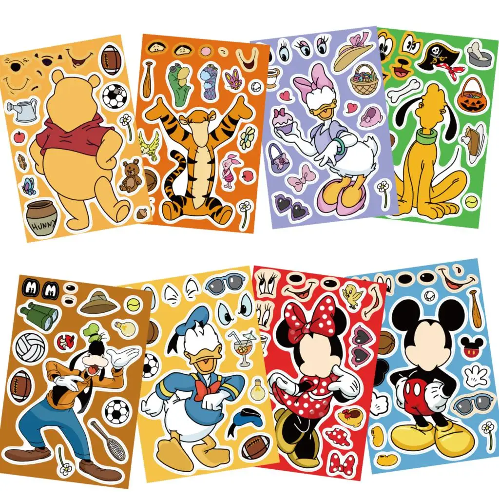 32 fogli adesivo puzzle fai da te per bambini Winnie Mickey personaggio faccia assemblare adesivi giocattoli per bambini ragazzi ragazze regali