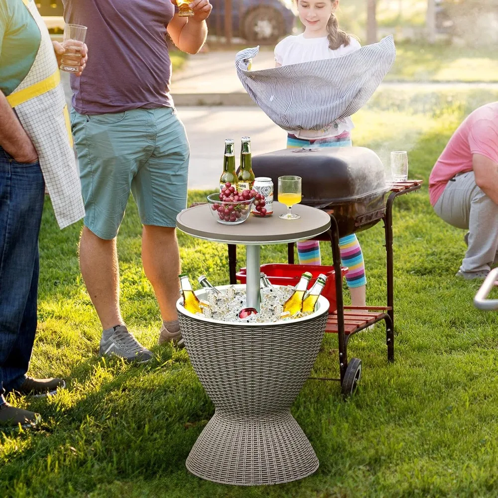 Outdoor Cool Bar Table, 8 Gallon Beer and Wine Cooler, Height Adjustable Rattan Style Cocktail Patio Bar Tables, 3-in-Ice