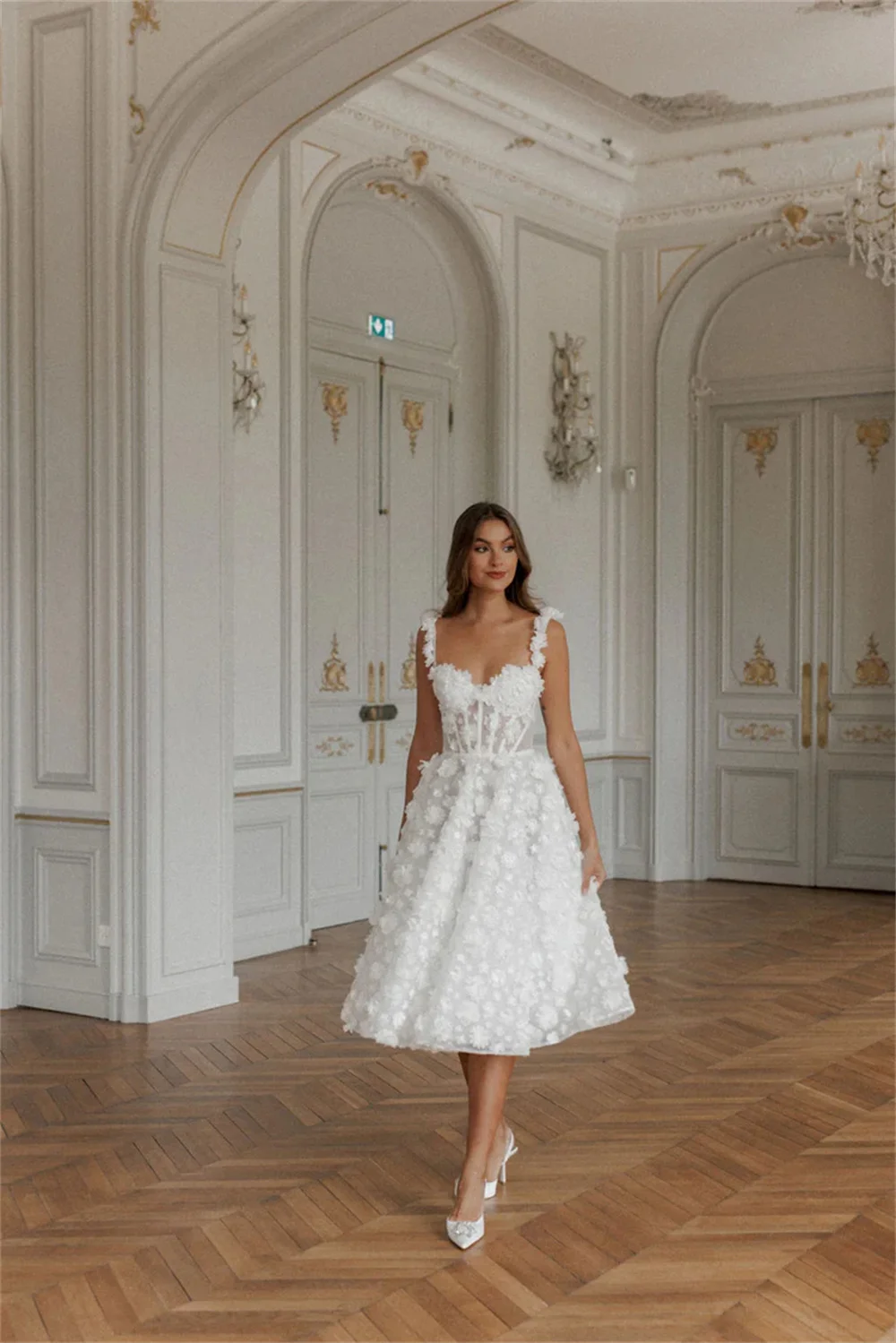 Maßgeschneidertes Hochzeitskleid, Spitze, Blumen, Spaghettiträger, A-Linie, Robe de Soirée, knielang, Abendkleider zum Valentinstag