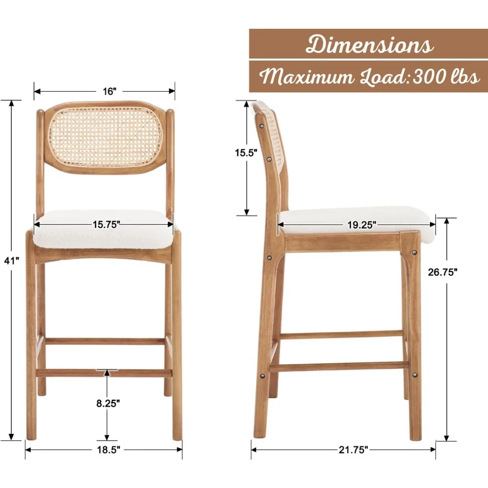 Rattan Bar Stools Set of 2 Upholstered Boucle Counter Stools Mid Century Modern Bar Chairs Wood Cane Back Kitchen Chairs Farmhou