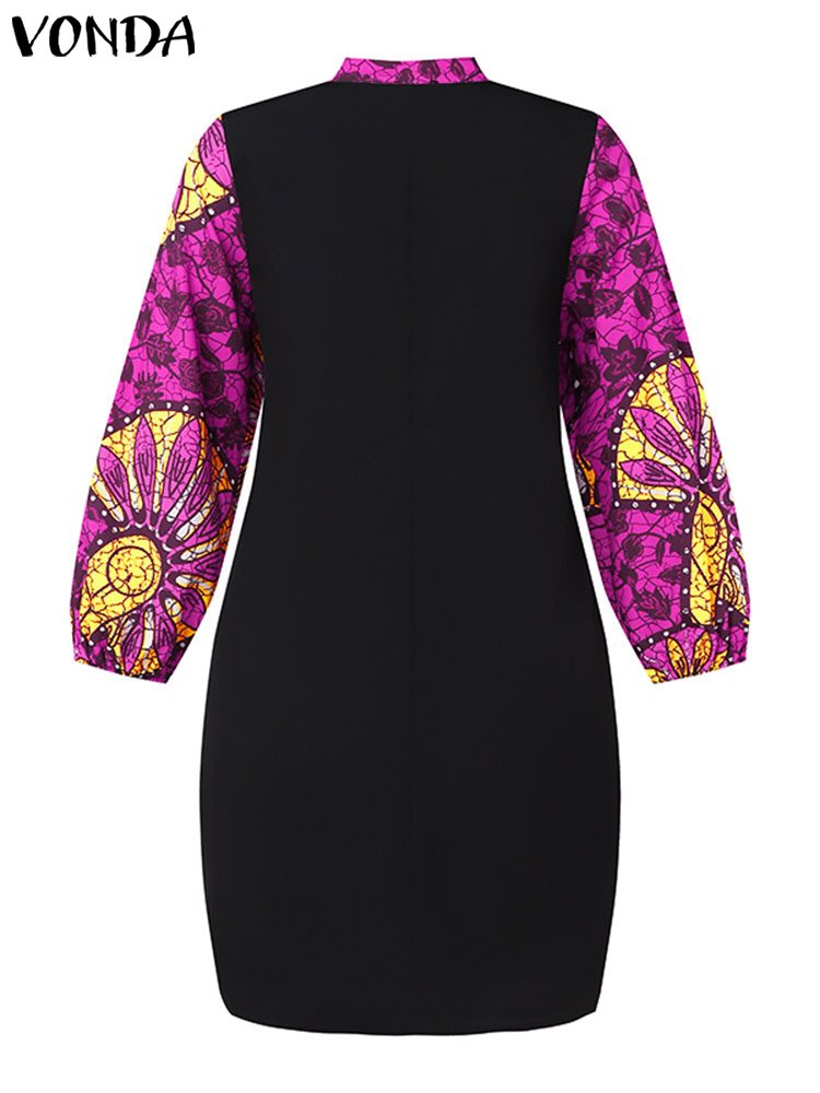 VONDA-女性のボヘミアンプリントのミニドレス,膝丈,長いパフスリーブ,ヴィンテージのイブニングドレス,大きいサイズ,2024