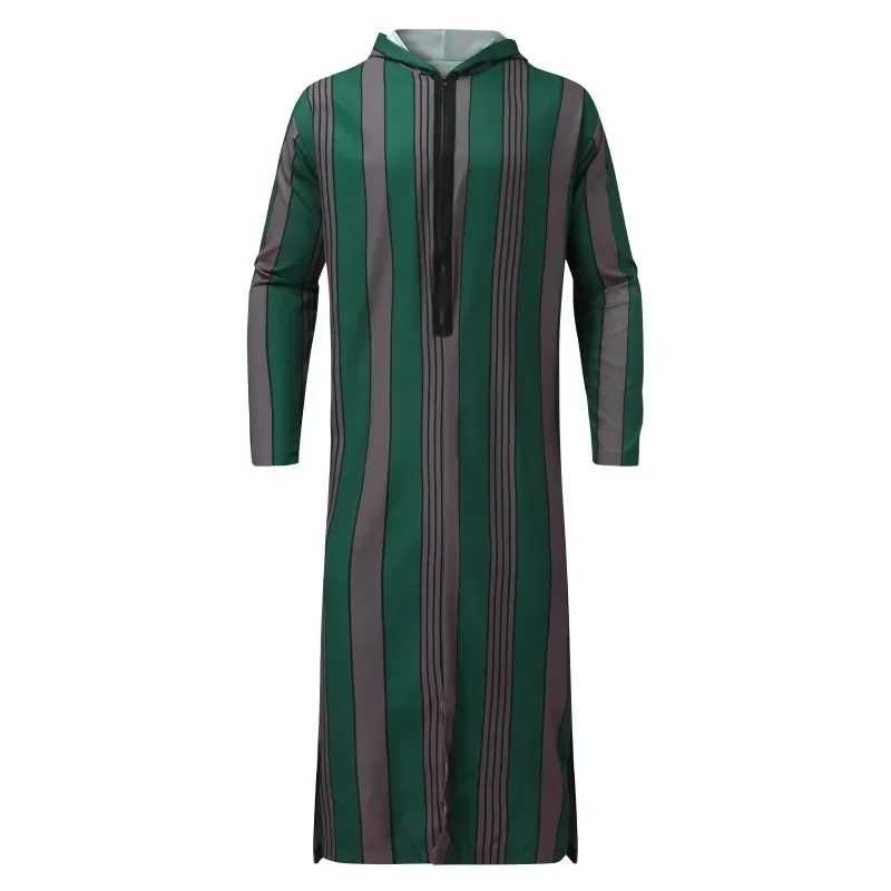 2025 masculino zíper muçulmano robe islâmico árabe listrado retalhos com capuz jubba thobe streetwear casual solto árabe islâmico robe