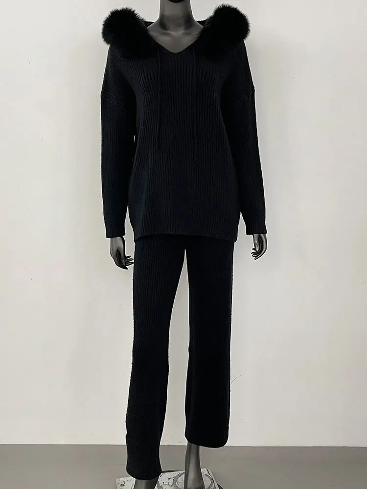 Furyurself 2025 primavera mulher com capuz pulôver camisola de caxemira emenda natural gola de pele de raposa outerwears camisola terno