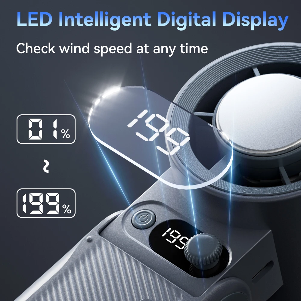 Tragbarer Handventilator, starker Wind, 199 Gänge, Windgeschwindigkeit, LED-Digitalanzeige, verstellbar, Turbo, tragbar, für den Außenbereich, 8000 mAh