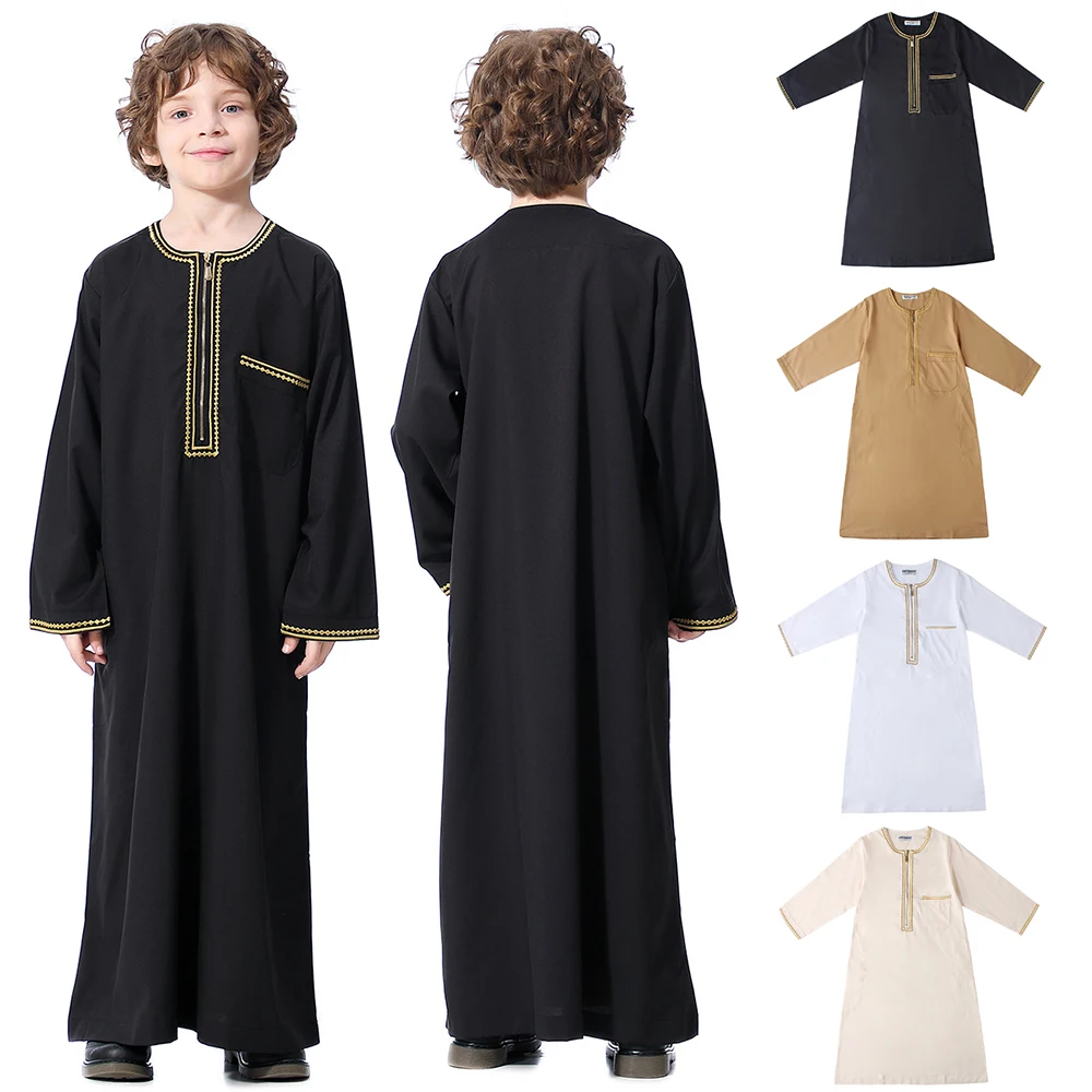 Vestido para meninos muçulmanos, gola redonda, bordado, mangas compridas, Arábia Saudita, Abaya, Kaftan, Jubba, Thobe, roupas islâmicas
