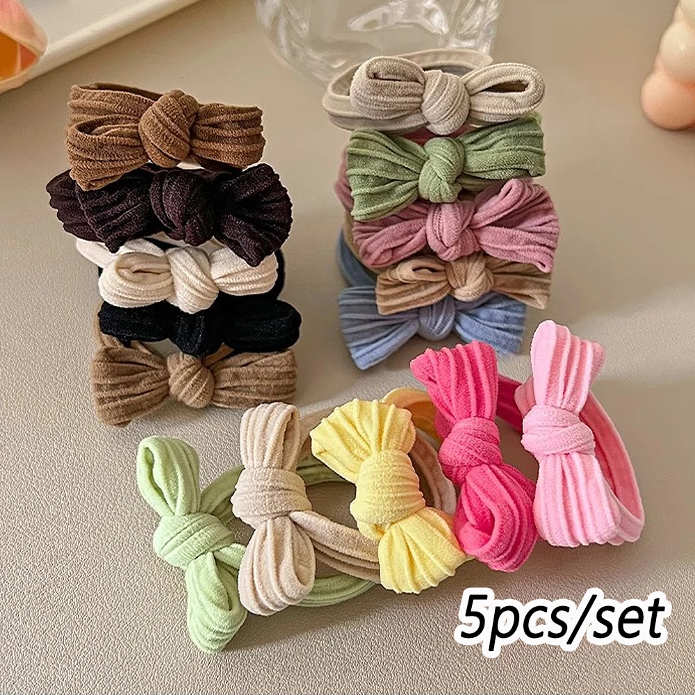 5 unids/set de coleteros con lazo, cuerda para el cabello para niños, Color sólido, sin daños, soporte elástico para cola de caballo, banda de goma, sombreros para niñas pequeñas
