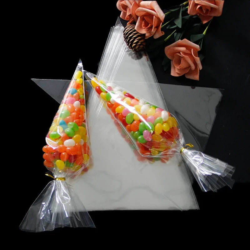 Sacs à bonbons en Cellophane, 50 pièces, sacs à pop-corn, sacs de rangement de biscuits en cône avec attaches torsadées dorées, cadeaux de fête d'anniversaire et de mariage