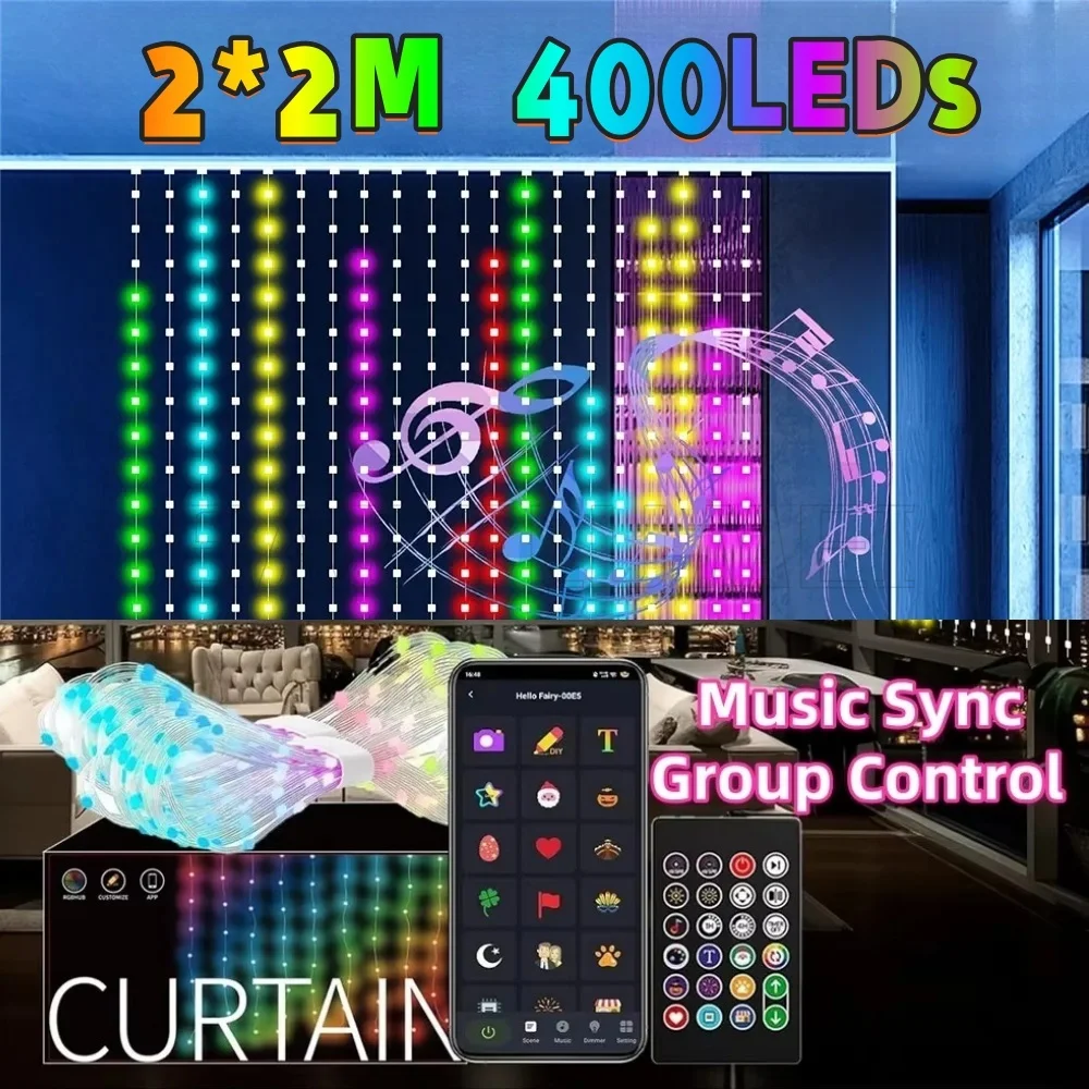 400 LEDs 2X2 Meter Smart Vorhang Lichter DIY Text LED String RGB Wasserdichte Lichterkette Musik Sync Display für Fenster Party Decor