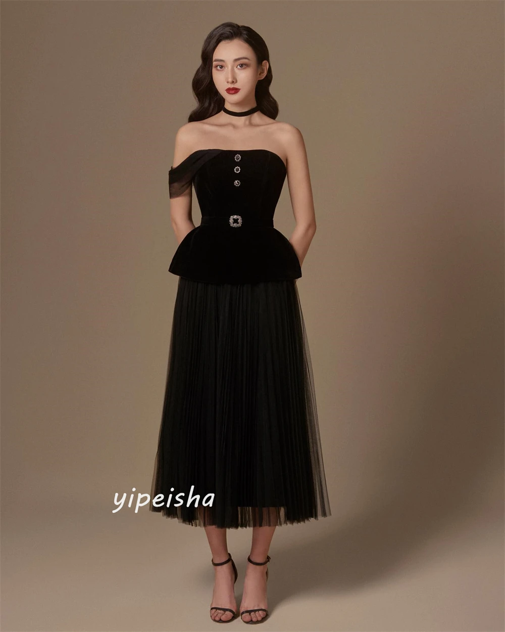 Customized Yipeisha Simple Modern Style Formal Evening Strapless A-line Button Draped s Bespoke Occasion Dresses