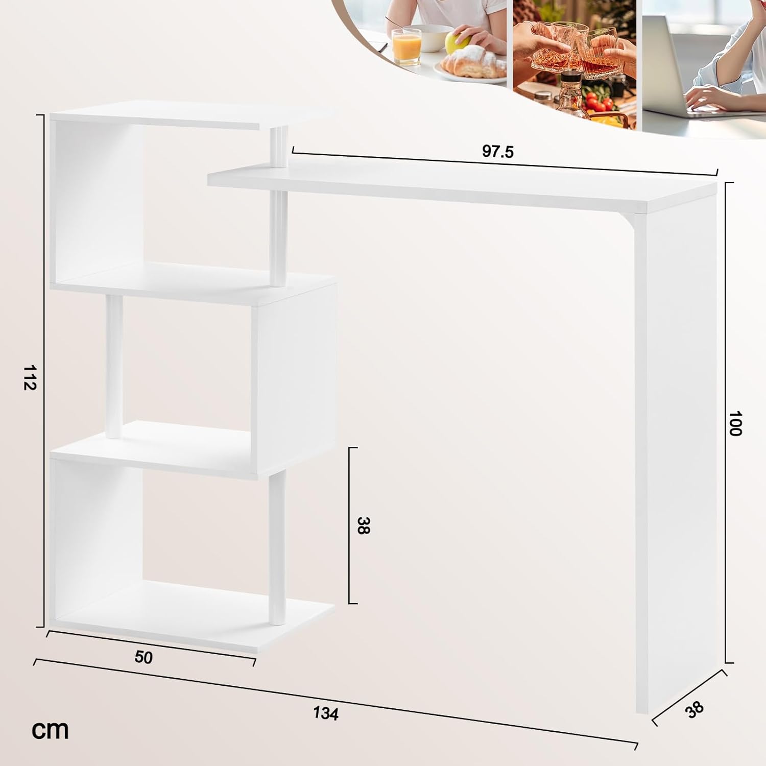 Bartisch Stehtisch Bistrotisch Bartheke Tresentisch, mit 3 Ablageflächen, drehbar, Metall, MDF, 134 x 38 x 112 cm (W x T x H), Weiß