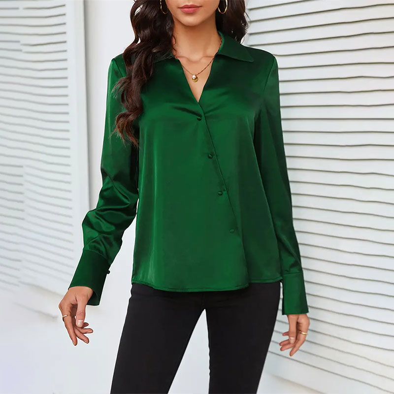 Tendência moda feminina casual elegante cetim camisa de manga comprida escritório camisas e blusas femininas finas roupas femininas verde como seda