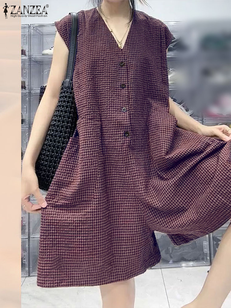 2023 ZANZEA Mode Vrouwen Wijde Pijpen Jumpsuits Zomer Plaid Geruite Overalls Broek Casual V-hals Mouwloos Werk Rompertjes Oversize