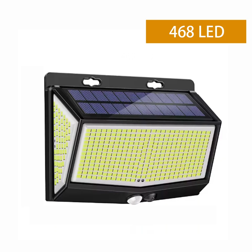 Nuevas luces solares LED 468 integradas para garaje exterior con sensor de movimiento atardecer al amanecer IP65 impermeable, 120 °   Ángulo de iluminación