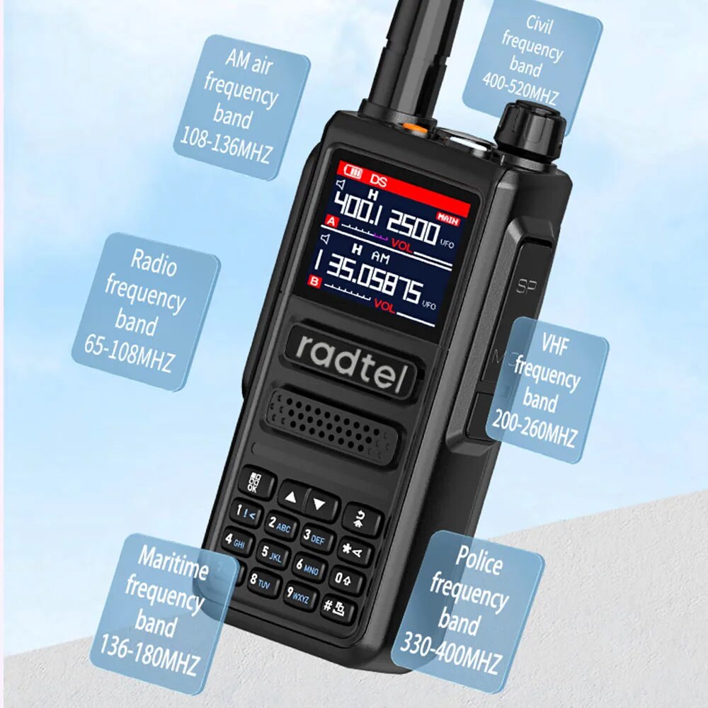Radtel RT-470 6 bandas amador presunto estação de rádio em dois sentidos 256ch 10w banda aérea walkie talkie noaa lcd cor scanner da polícia aviação