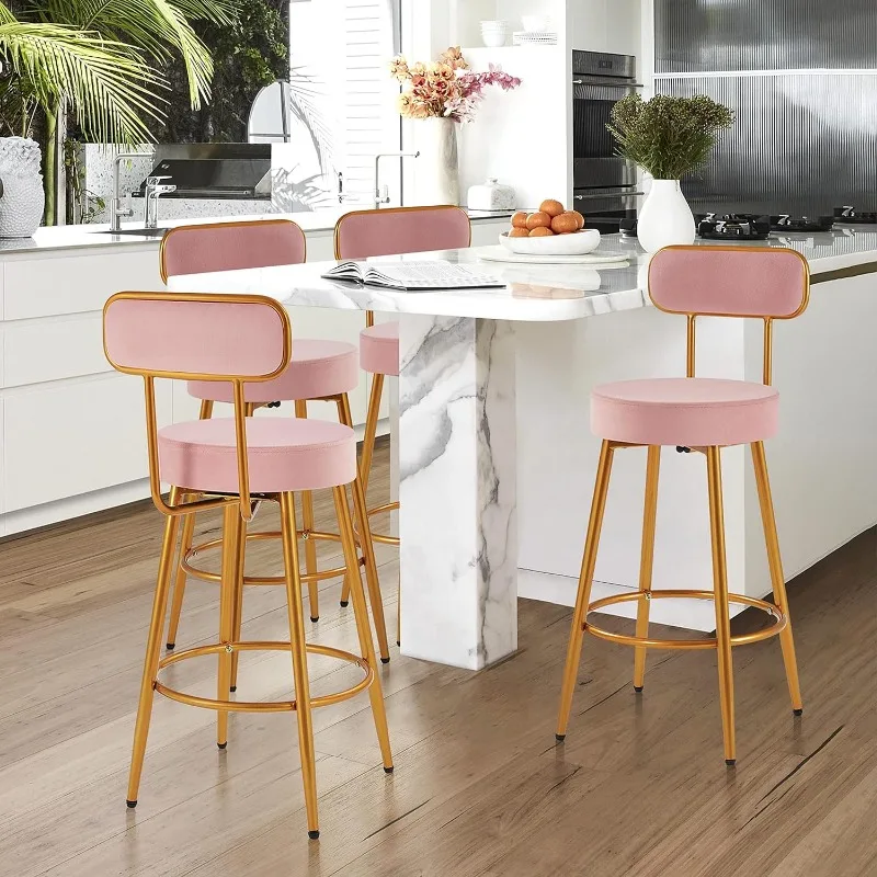 Velvet Bar Stools 26'' Counter Height Bar Stools Velvet Stools Modern Gold Barstools Upholstered Bar Height Stools, Set of 2