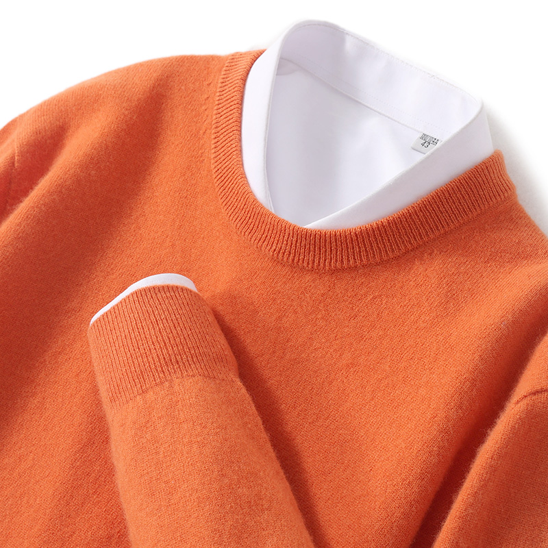 Suéter clásico con cuello redondo de color sólido para hombre, Jersey de punto de lana merina de 100% para otoño e invierno, top holgado cálido de manga larga