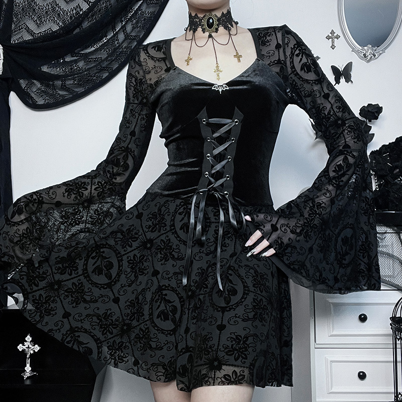 InsGoth-minivestido gótico de manga larga con volantes para mujer, vestido de cóctel ajustado elástico de terciopelo con cuello en V Vintage, blusa victoriana