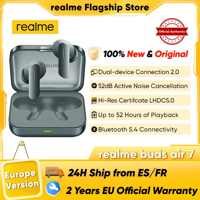 Wersja globalna realme Buds Air 7 52dB Inteligentna aktywna redukcja szumów 12,4 mm Głośnik niskotonowy Bluetooth5.4 360° Przestrzenny efekt dźwiękowy Słuchawki IP55