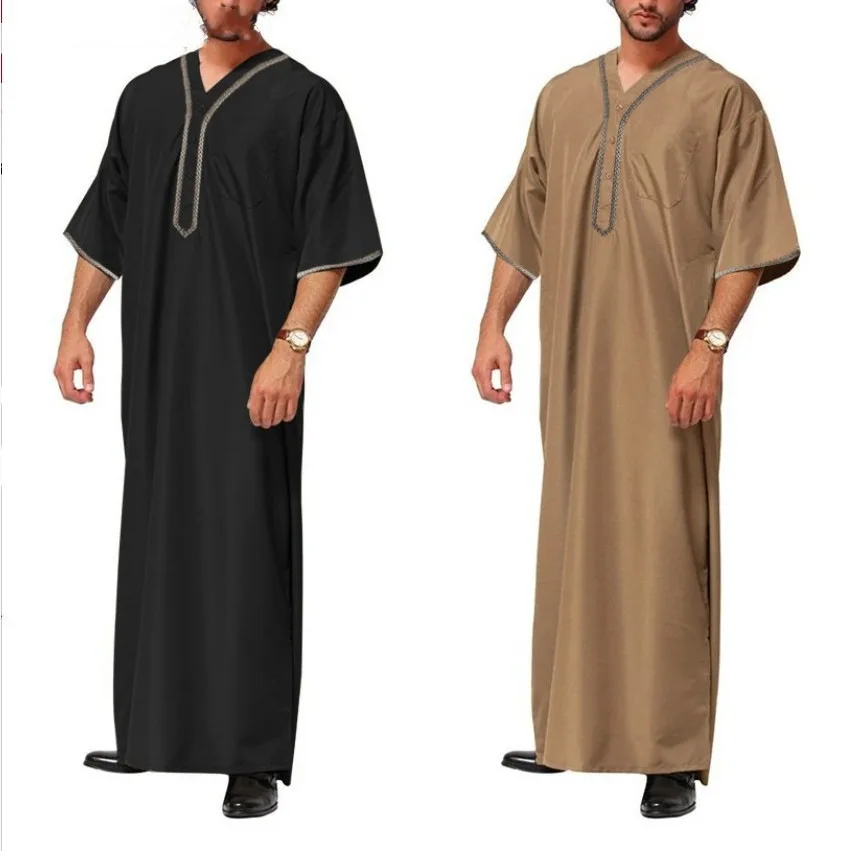 New Islamic Muslim Men's Solid Color Short Sleeve Classic Embroidery Robe Dubai Arabic Ethnic Style Men's Casual Formal Robe