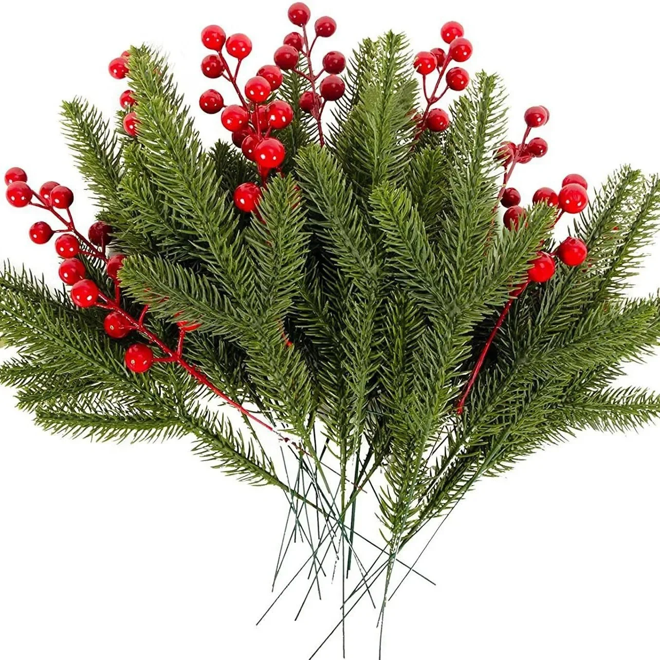 10 Uds. De ramas de pino artificiales, tallos de bayas rojas de acebo de Navidad para árbol de Navidad, decoraciones de corona DIY, decoración navideña para el hogar