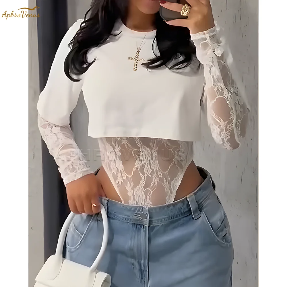 Sexy Spitzen-Body, T-Shirt, 2-teiliges Set, Damenmode, Dessous, Y2K, Streetwear-Outfit, lässige Sommerkleidung, S-XXL