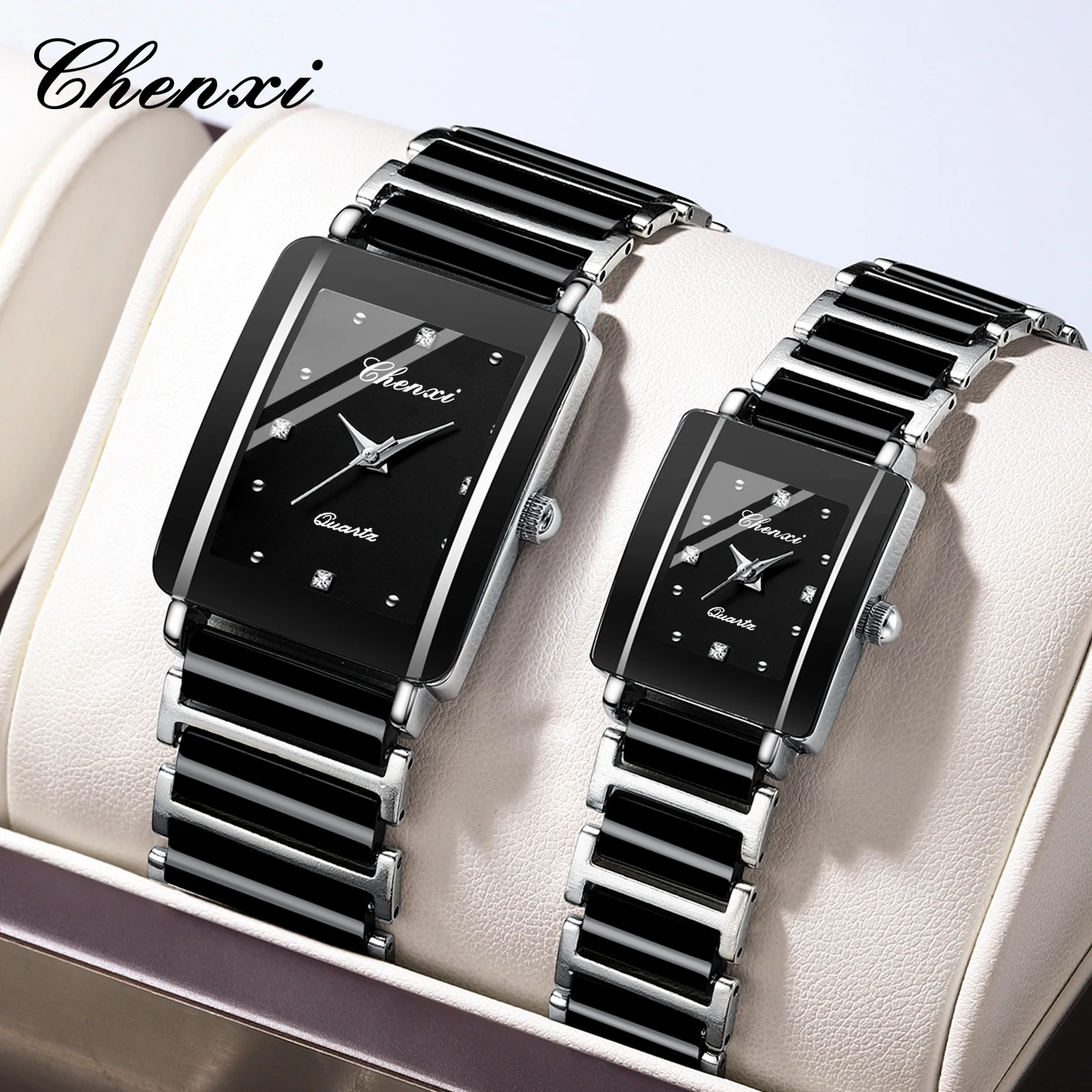 Chenxi 104a relógios de casal luxo à prova dwaterproof água relojes para damas relógio de pulso para mulher e homem pulseira de cerâmica simulada presente