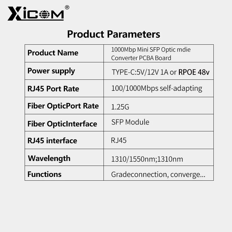 Xicom Mini RPOE 1.25G Slot convertitore multimediale Modulo ricetrasmettitore SFP Ingresso 5 V CC Tipo C 1 slot SFP 1 RJ45 Ethernet Switch in fibra SFP