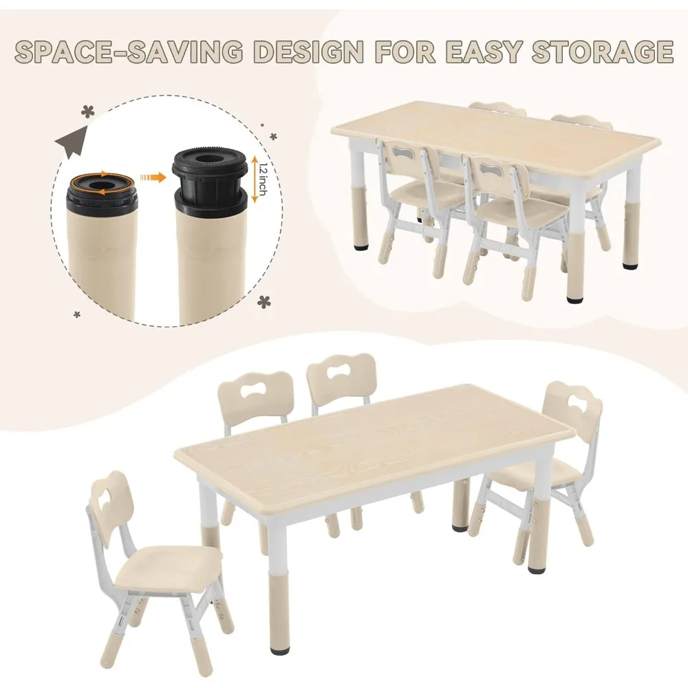 Kids Study Table and Chairs Set, Height Adjustable Toddler Table and Chair Set for Kids Ages 3-8, Graffiti Desktop (Burlywood
