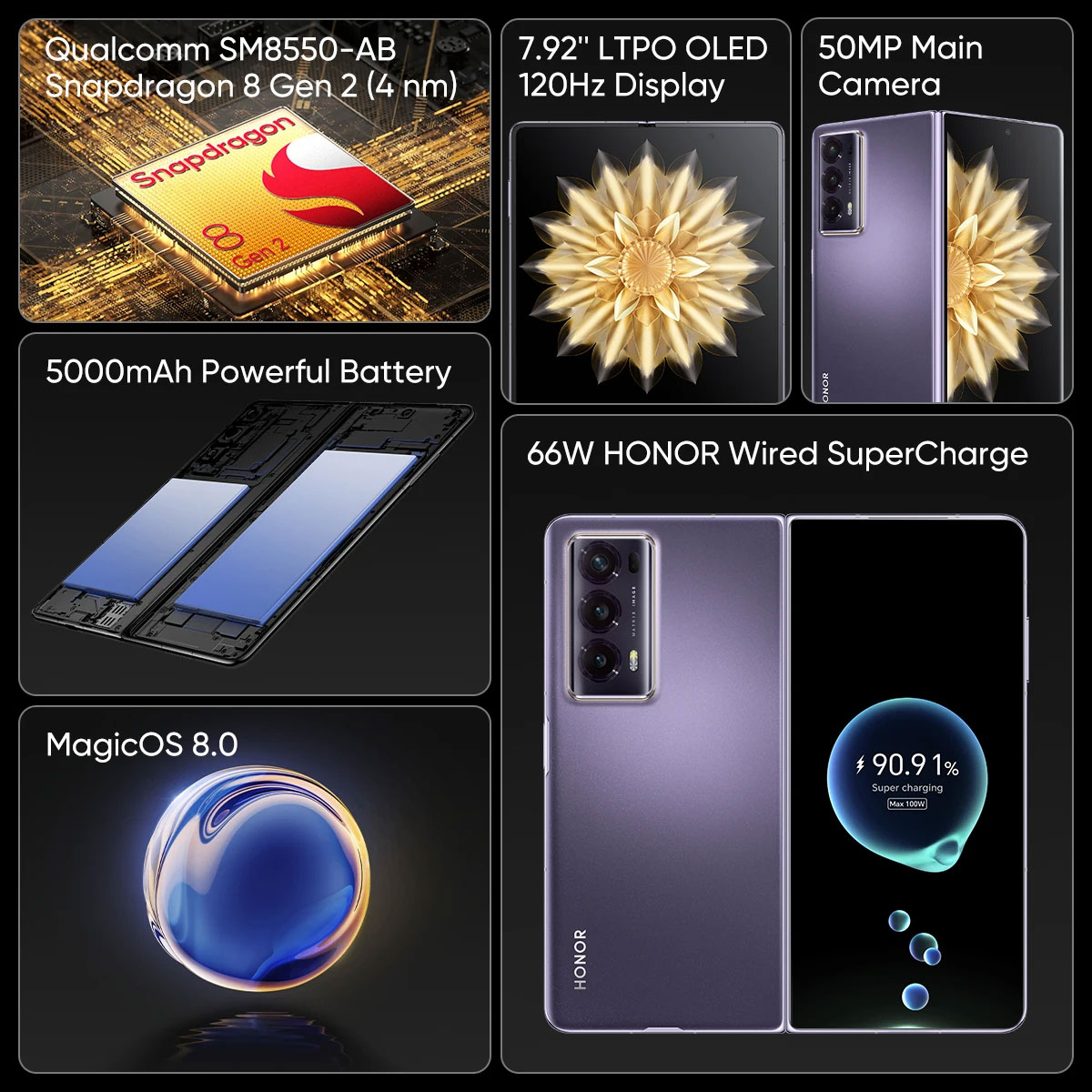 Versión Global Honor Magic V2 Smartphone plegable 7,92 "OLED 120Hz Snapdragon 8 Gen 2 66W Super Charge 5000mAh 50MP cámaras traseras