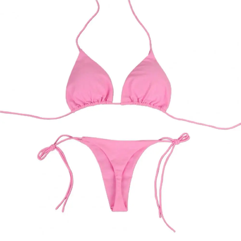 2 pièces/ensemble maillots de bain femmes Bikini ensemble 2023 couleur unie licou cou sangle string femmes maillot de bain ensemble pour la plage