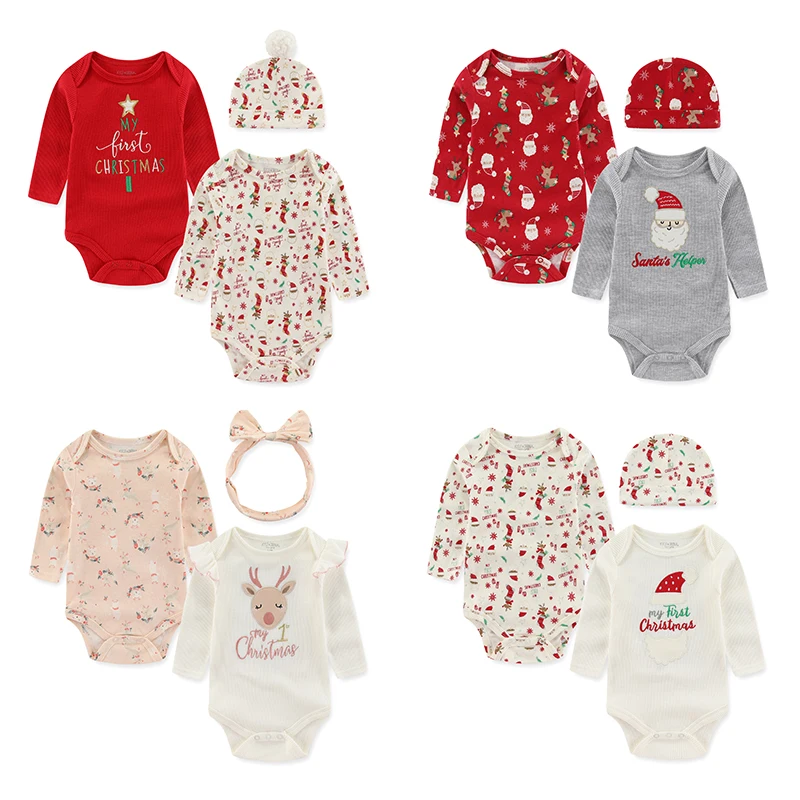 Conjuntos de Navidad para bebé, niño y niña, conjunto de ropa para recién nacido con estampado de dibujos animados, monos de manga larga de 3 piezas con sombrero, traje, ropa infantil